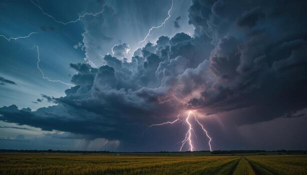 Intense Thunderstorm Unleashes Lightning Over Open Fields During Evening Hours photo