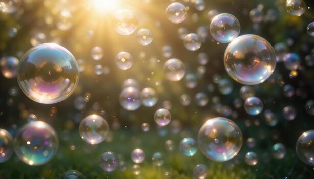 Bubbles Floating Towards Sunlight in a Grassy Outdoor Setting During the Day photo