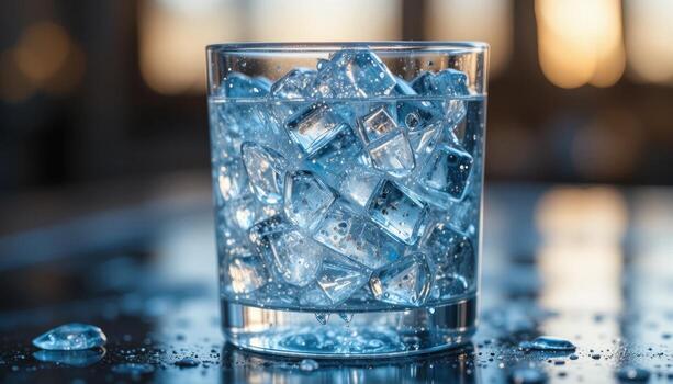 Refreshing Glass of Ice Cubes Filled With Clear Water on a Reflective Surface During Sunset photo