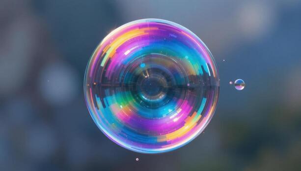 Colorful Soap Bubble Floating in the Air Reflecting Sunlight and Vibrant Background Colors photo