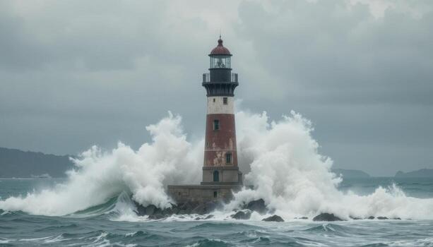 faro soportes fuerte en contra poderoso olas en un Tormentoso día cerca el costa foto