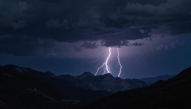 Lightning Strikes Over Dark Mountains During a Stormy Night in a Remote Area photo