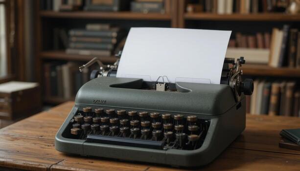 Classic Typewriter on a Wooden Table in a Cozy Library Setting With Books in the Background photo