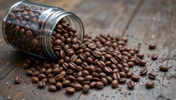 Coffee Beans Spilling From a Glass Jar on a Rustic Wooden Table photo