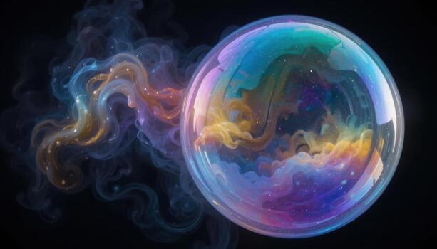 Vibrant Soap Bubble Surrounded by Colorful Mist With Ethereal Patterns in a Dark Background photo