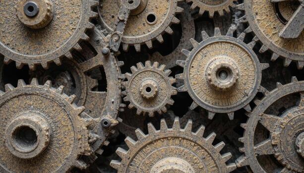 Rusty Gears Arranged Closely, Showcasing Intricate Designs and Aged Textures in an Industrial Setting photo