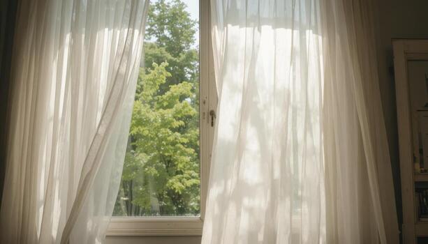 Natural Light Streaming Through Sheer Curtains by a Window Showcasing Greenery Outside photo