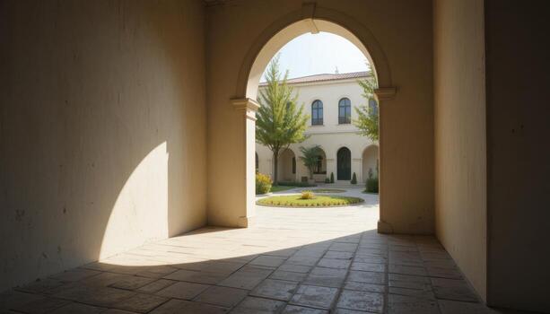 Charming Courtyard View From a Shaded Archway in a Serene and Inviting Space photo