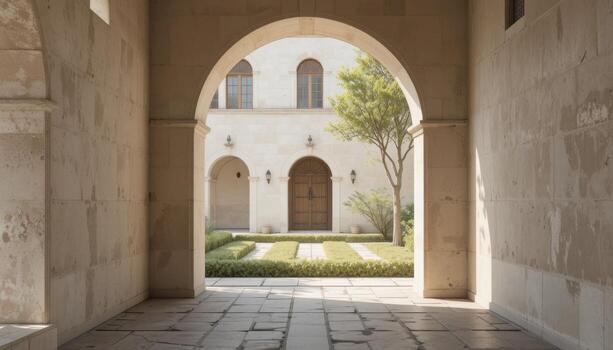 Beautiful Courtyard View Through an Archway in a Serene Stone Building During Daylight photo