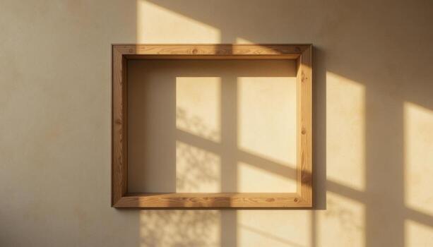 Wooden Frame Casting Shadows on a Warm, Neutral Wall With Soft Sunlight Streaming In photo