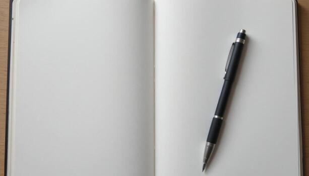 Blank Notebook Resting on a Wood Surface With a Black Pen Ready for Writing Thoughts and Ideas photo
