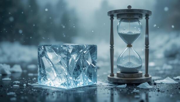 Conceptual Time Passing With an Hourglass and a Block of Ice in a Snowy Landscape photo