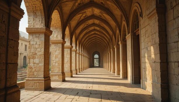 Beauty of Ancient Architecture in a Serene Stone Corridor During Golden Hour photo