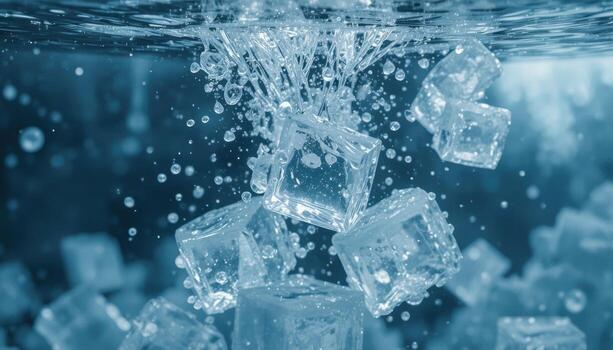 Bubbles and Ice Cubes Create a Captivating Underwater Scene in a Refreshing Drink photo