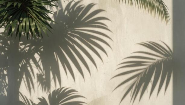 Shadows of Palm Leaves Cast on a Light-Colored Wall During the Day in a Warm, Sunny Atmosphere photo