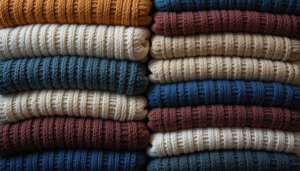 Colorful Knitted Sweaters Stacked Neatly in a Warm and Cozy Display photo
