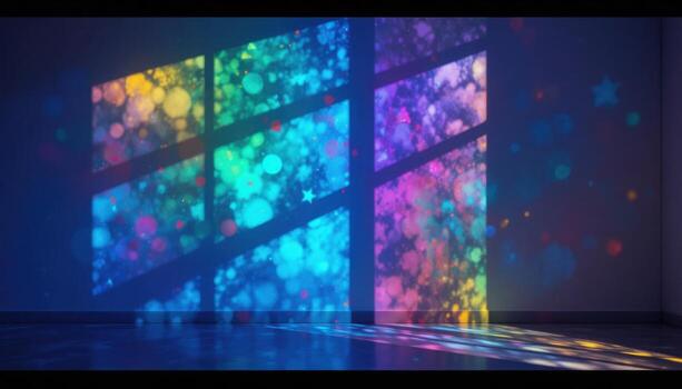 Colorful Light Patterns Cast Through Windows Onto a Dark Room Floor During an Evening Event photo
