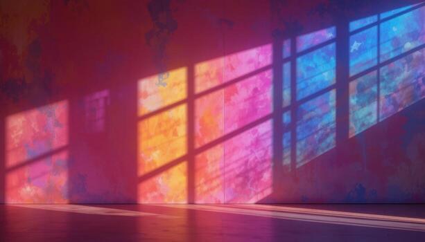 Vibrant Light Patterns Created by Colorful Shadows on a Textured Wall During Late Afternoon Hours photo