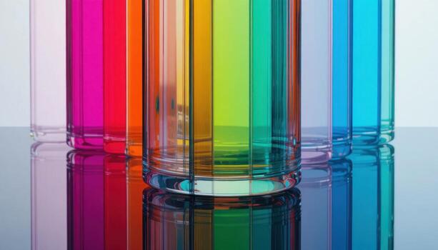 Vibrant Stacked Glasses Reflecting Colors in a Bright Setting photo