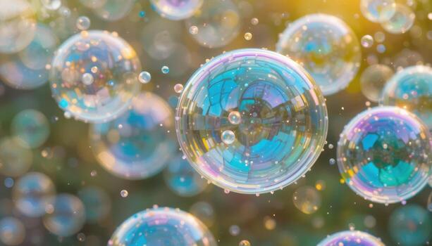 Colorful Soap Bubbles Floating in the Sunlight Over a Garden With a Dreamy Bokeh Effect photo
