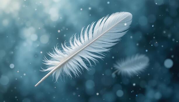 Graceful White Feather Floating Against a Soft Blue Background With Light Bokeh Effects photo