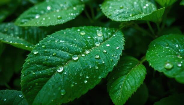 Fresh Green Leaves With Droplets After Rain in a Natural Setting photo