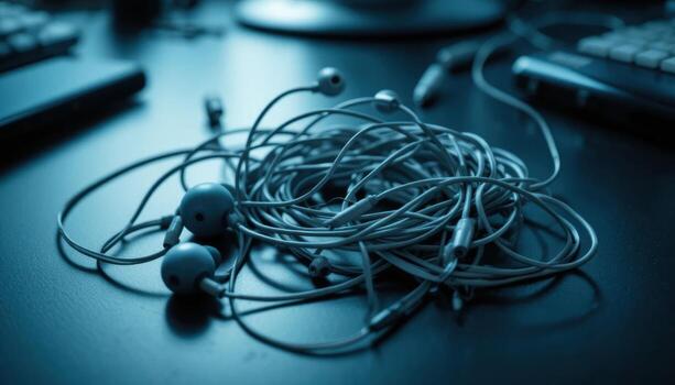 Tangled Earphones Scattered on a Desk Surrounded by Technology at a Creative Workspace photo