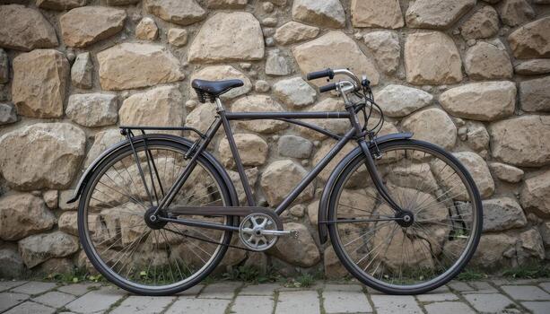Bicycle Parked by a Stone Wall in a Calm Urban Setting on a Sunny Day photo