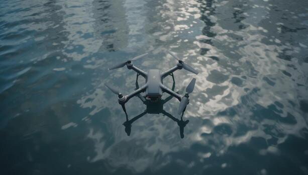 Drone Hovering Over Water With Reflections of Light in a Serene Environment photo