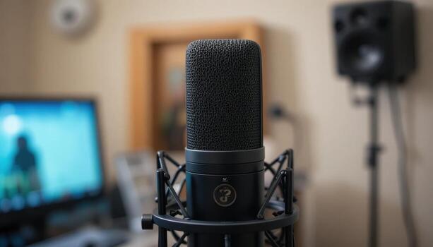 Recording Studio Setup Showcasing a Microphone, Computer Screen, and Speaker in a Cozy Environment photo