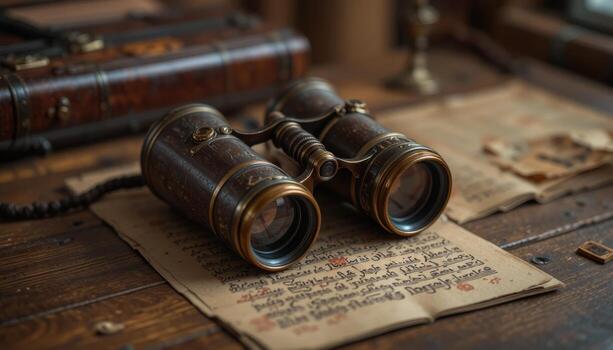 Vintage Binoculars Resting on an Ancient Manuscript With Warm Lighting and Rich Textures photo
