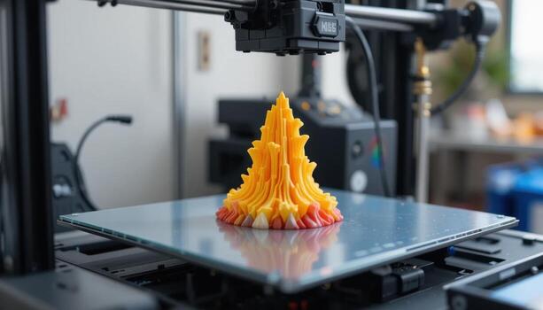 Colorful 3D Printed Sculpture Emerging From a Printer at a Modern Workspace During Daylight photo