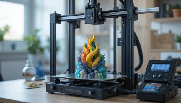 Colorful 3D Printed Sculpture Emerging From a Printer in a Bright Workspace photo