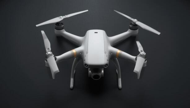 Drone With Four Propellers Positioned Against a Dark Background Showcasing Modern Technology and Design Features photo