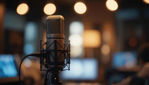 Capturing Sound With a Microphone in a Cozy Studio Setting Featuring Blurred Computer Screens photo