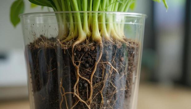 Roots of a Thriving Plant in a Transparent Container Showcasing Growth and Soil Health photo