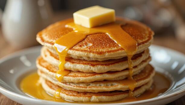 Stack of Fluffy Pancakes Topped With Melting Butter and Syrup on a Plate photo