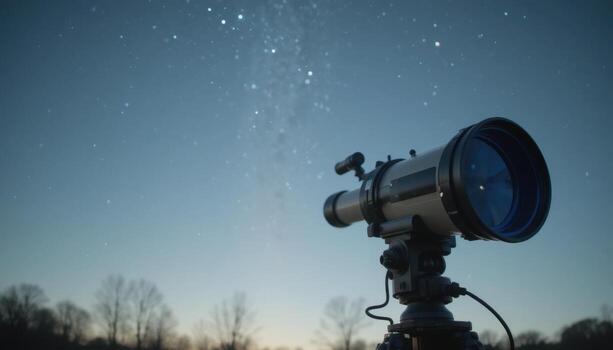 Looking at the Night Sky With a Telescope Under a Starlit Backdrop at Dusk photo
