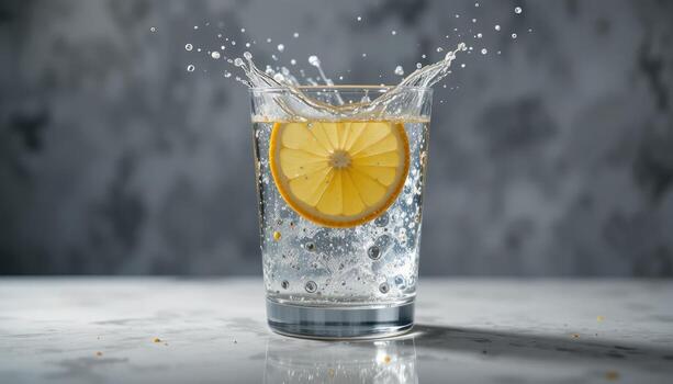 Splash of Lemon in Sparkling Water Creating Refreshing Bubbles in a Clear Glass photo