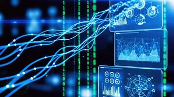futurista dados visualização com binário código e financeiro gráficos em telas tecnologia video