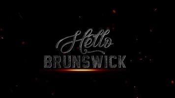 Olá Brunswick texto efeito com faíscas e partículas em uma Sombrio fundo, cinematográfico título animação, 4k resolução video
