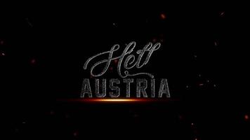 Hej österrike text med eldig partiklar effekt på en mörk bakgrund, representerar en länder namn med en dramatisk, intensiv visuell stil, 4k upplösning video