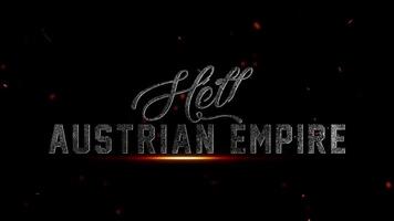 Hello Austrian empire text with fiery particles effect on a dark background, representing the historical entity with a dramatic and impactful visual, 4k resolution video