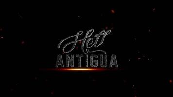 Olá Antígua texto com fogosa partículas em uma Sombrio fundo, enfatizando a ilhas vibrante espírito e histórico significado, 4k resolução video