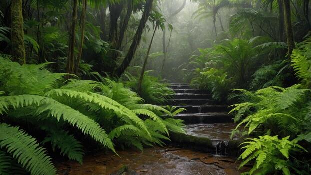 Serene forest pathway surrounded by lush ferns and mist, inviting exploration in a tranquil nature setting photo