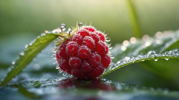 Fresh raspberry with dew drops resting on green leaves in a serene garden setting during dawn photo