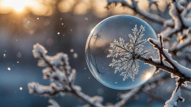 Snowflake-Patterned Bubble Hanging from Snow-Covered Branch at Sunset with Soft Background Glow photo