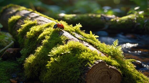 Close-up of a ladybug on a moss-covered log beside a serene stream in a lush forest setting photo