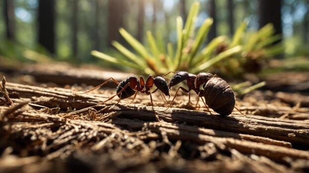 Close-up of an ant navigating through forest debris with sunlight filtering through trees photo