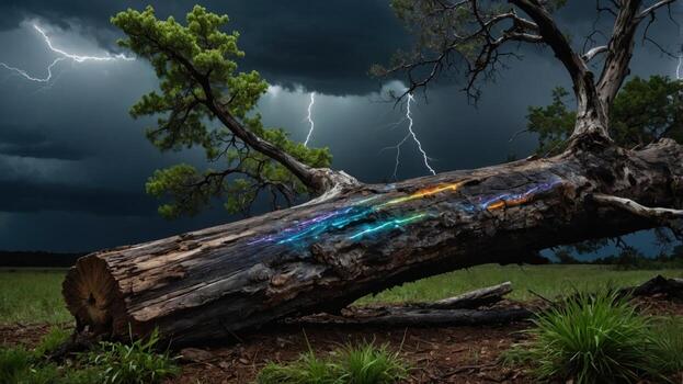 A fallen tree trunk illuminated by colorful light against a stormy sky with lightning strikes in the background photo